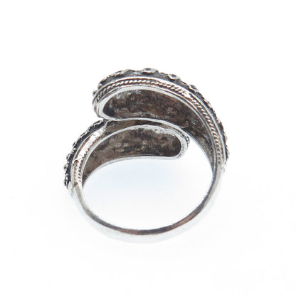 900 Silver Vintage Enamel Filigree Bypass Oxidized Ring Size 6.75