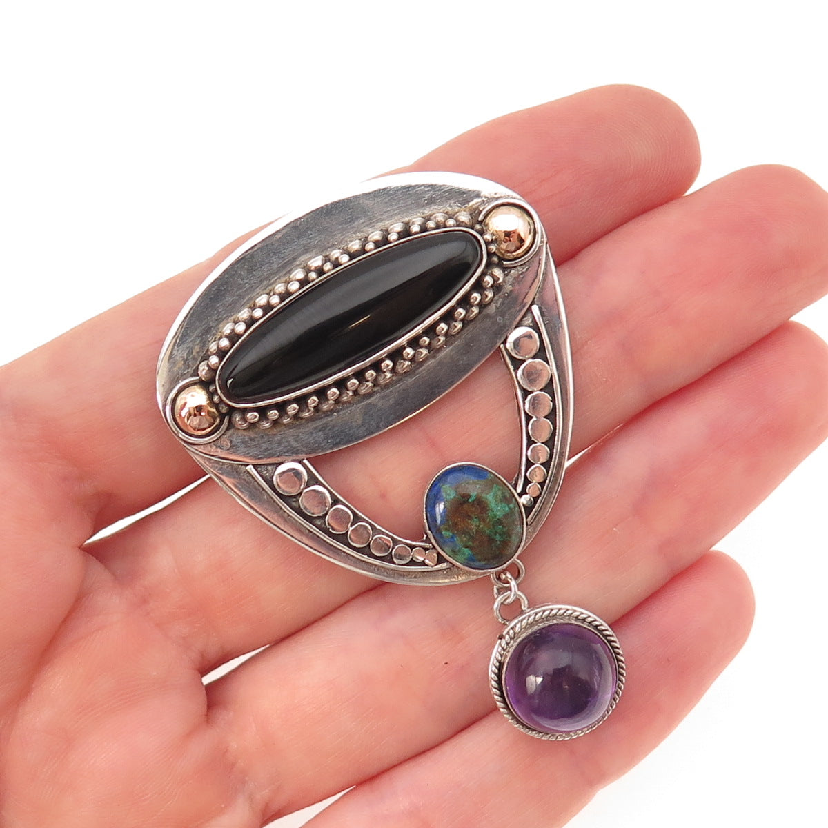 925 Sterling Gold Accent Vintage Real Azurite Amethyst Onyx Pin Brooch / Pendant