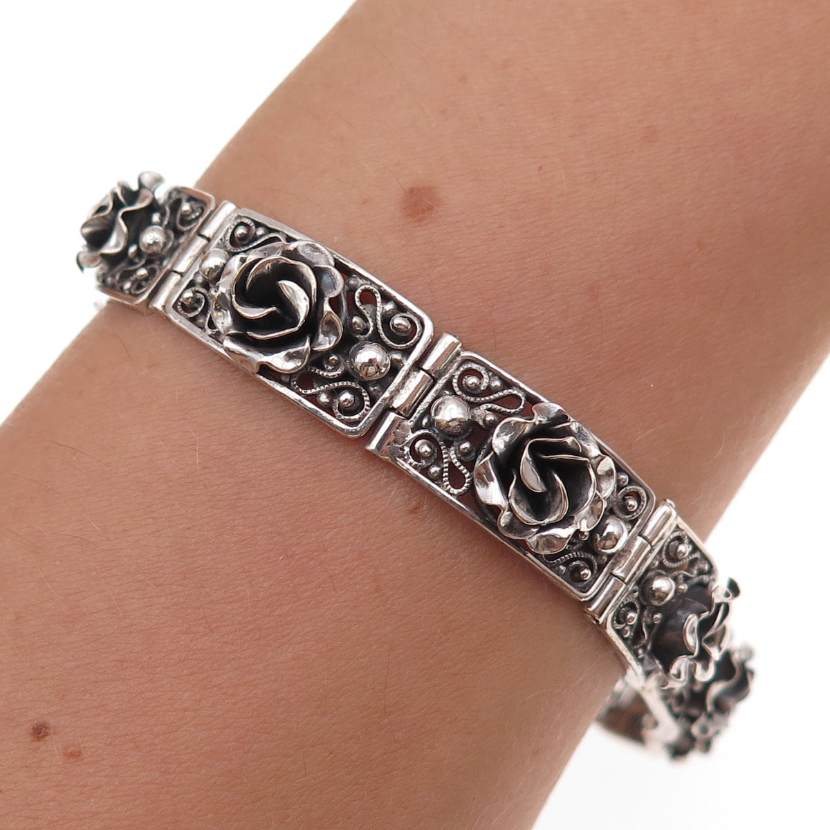 Peruzzi 800 Silver Antique Art Deco Italy Rose Floral Oxidized Bracelet 7"