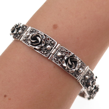 Peruzzi 800 Silver Antique Art Deco Italy Rose Floral Oxidized Bracelet 7"