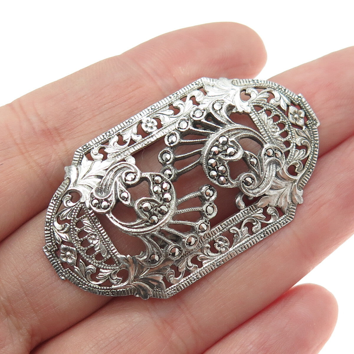 925 Sterling Silver Antique Art Deco Marcasite Gem Floral Leaf Ornate Brooch