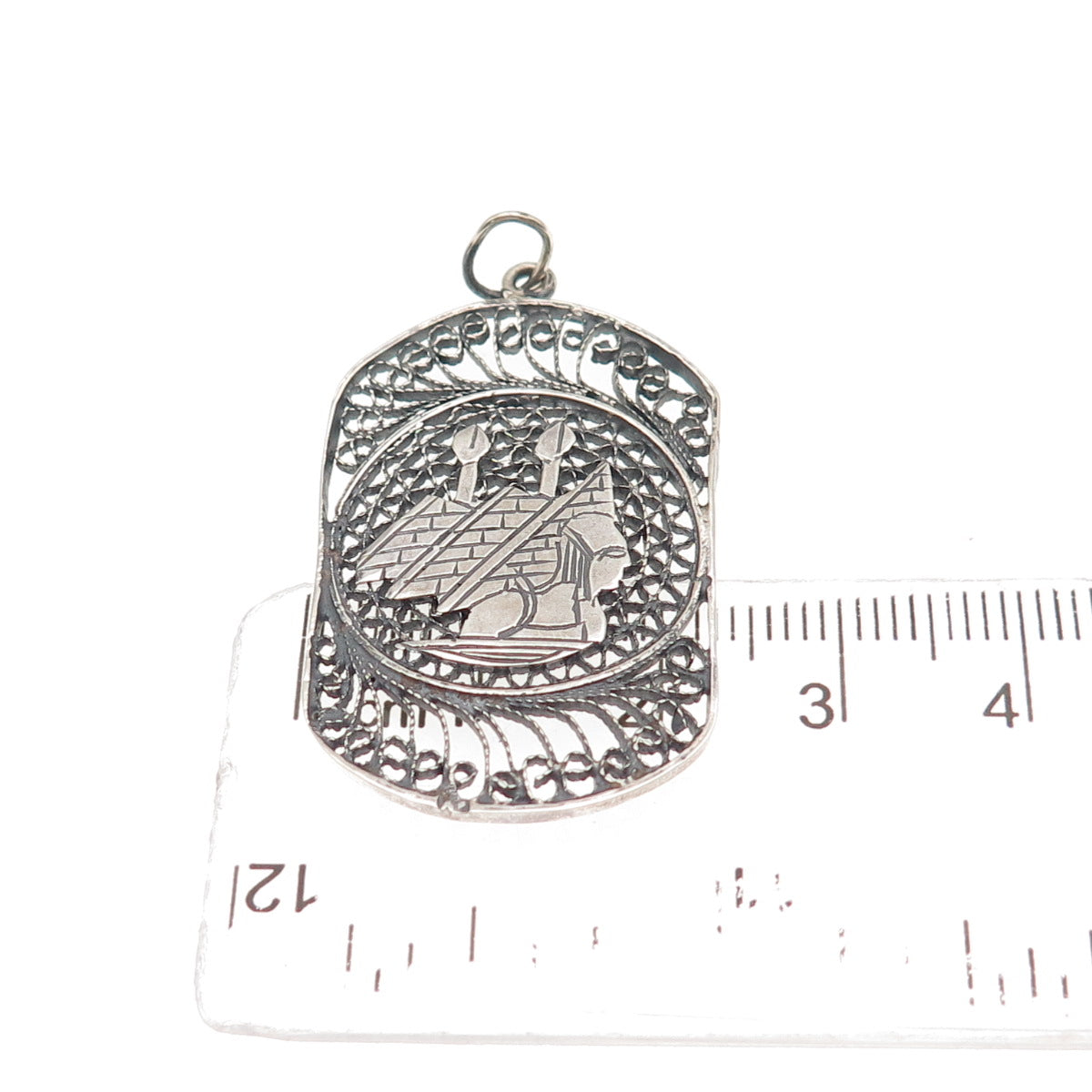 925 Sterling Silver Vintage Egyptian Pyramid Filigree Oxidized Charm Pendant