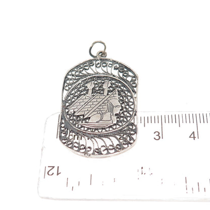 925 Sterling Silver Vintage Egyptian Pyramid Filigree Oxidized Charm Pendant