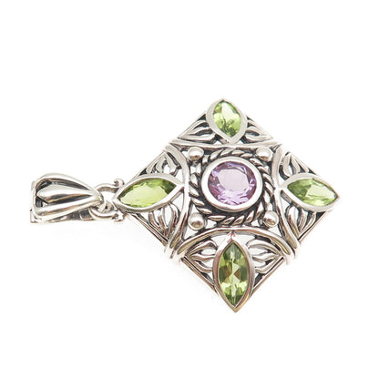 SX Sally C 925 Sterling Silver Vintage Real Amethyst & Peridot Floral Pendant