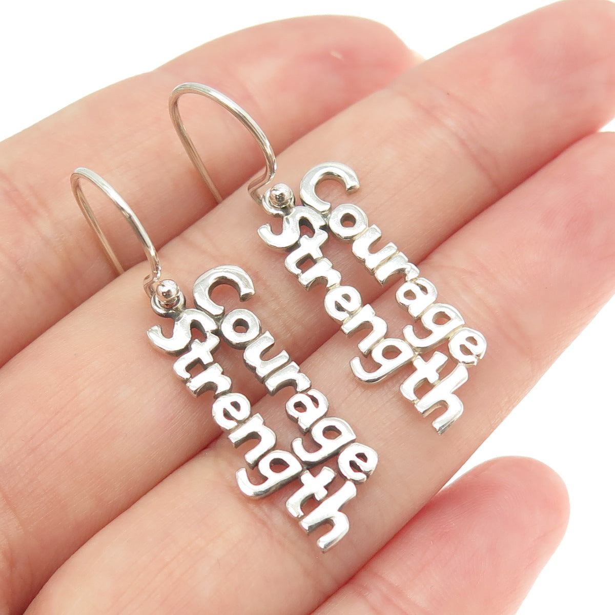 925 Sterling Silver "Courage Strength" Dangling Earrings