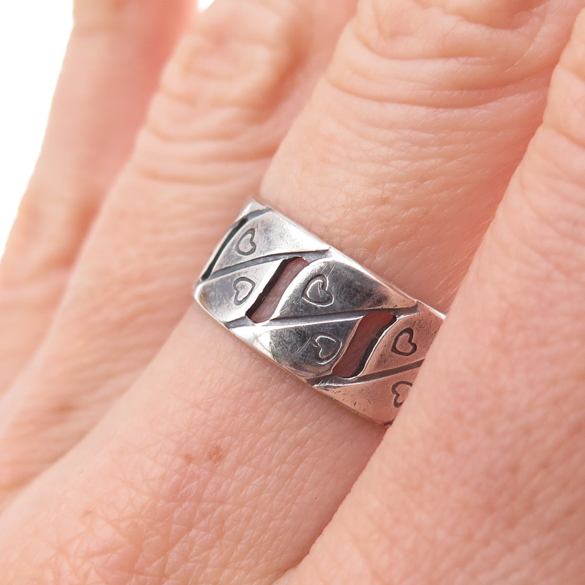 Joseph Esposito 925 Sterling Silver Vintage Heart Cuban Link Band Ring Size 6.5