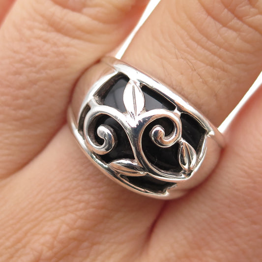 925 Sterling Silver Vintage Real Black Onyx Ornate Floral Ring Size 7