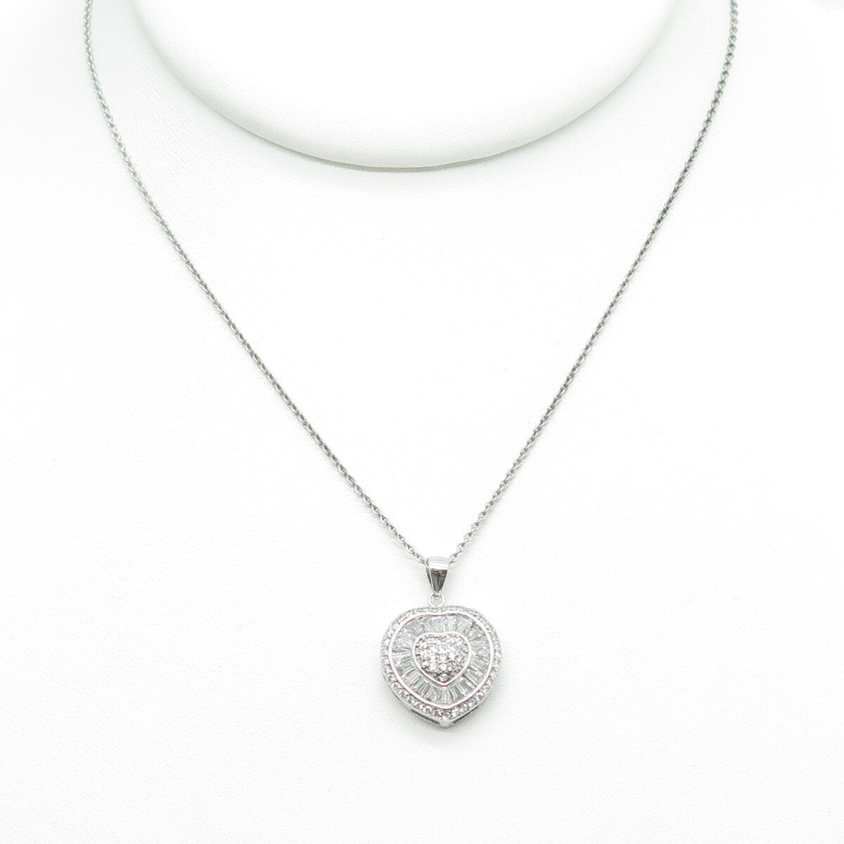 925 Sterling Silver Italy Round & Tapered Baguette-Cut C Z Heart Necklace 16"