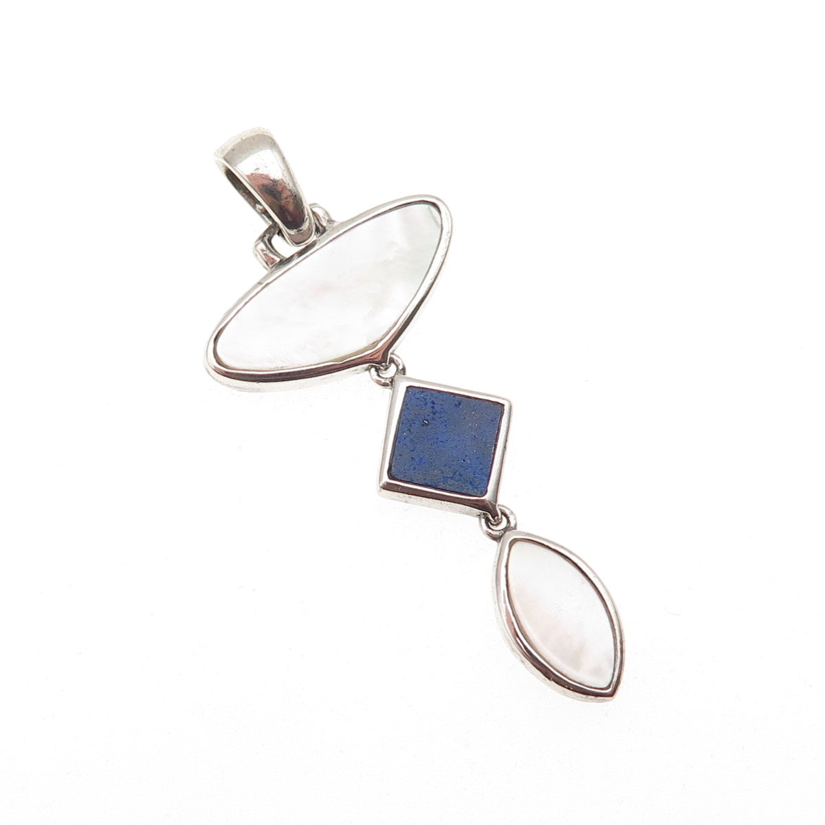 925 Sterling Silver Vintage Real Lapis & MOP Modernist Charm Pendant