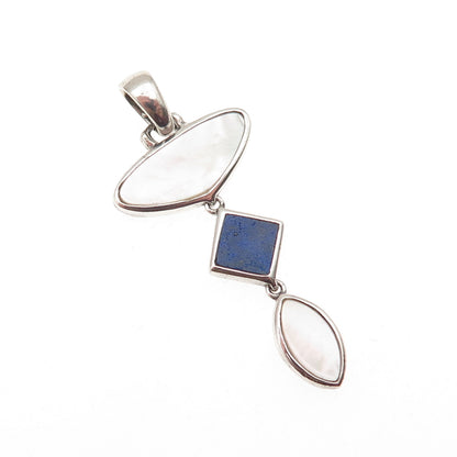 925 Sterling Silver Vintage Real Lapis & MOP Modernist Charm Pendant