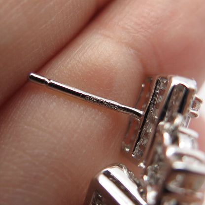 925 Sterling Silver White C Z Pave Square Dangling Drop Earrings