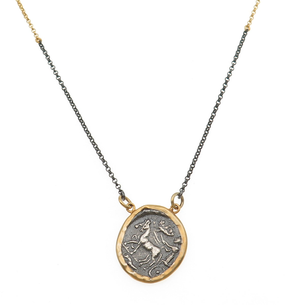 925 Sterling Gold Plated Black Rhodium Vintage Athena Greek Coin Necklace 20"