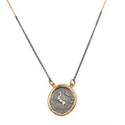925 Sterling Gold Plated Black Rhodium Vintage Athena Greek Coin Necklace 20"
