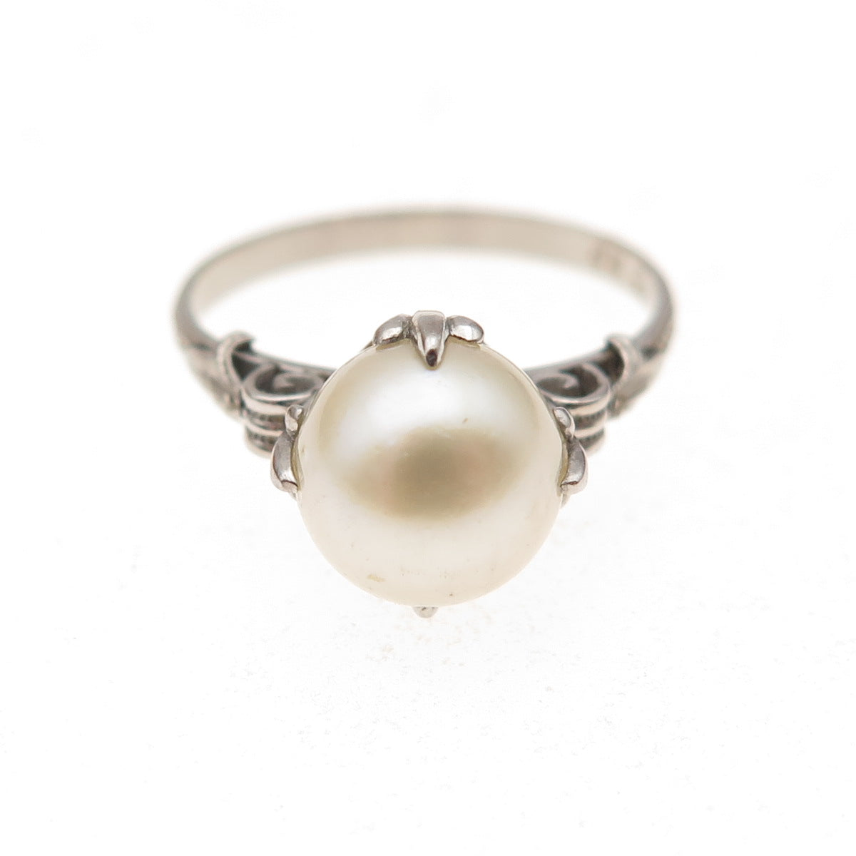 925 Sterling Silver Antique Art Deco Real Pearl Oxidized Ring Size 6.75