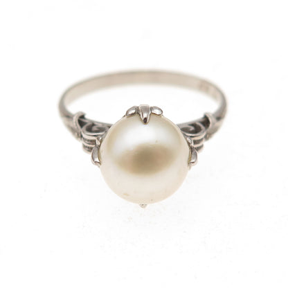 925 Sterling Silver Antique Art Deco Real Pearl Oxidized Ring Size 6.75