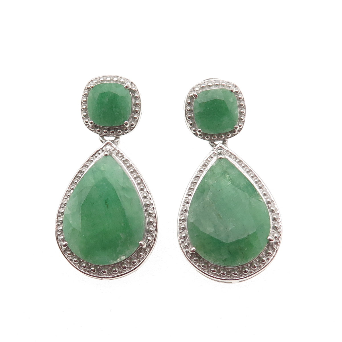 925 Sterling Silver Real Cushion & Pear-Cut Emerald Dangle Earrings
