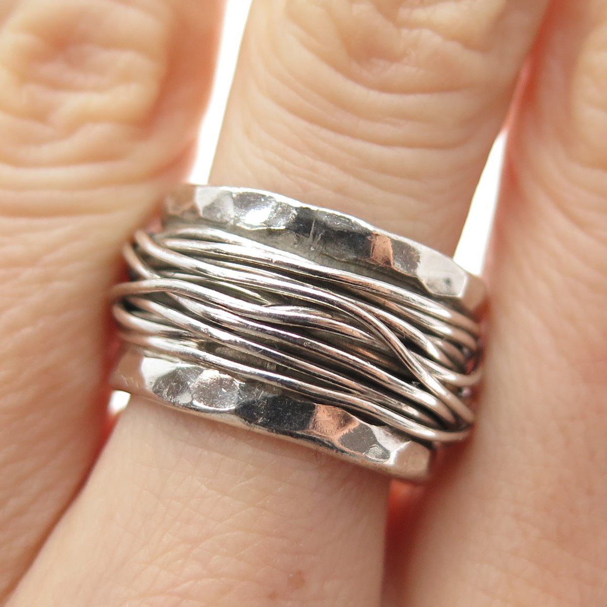 925 Sterling Silver Vintage Modernist Hammered Roped Oxidized Ring Size 8.5