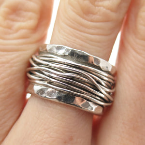 925 Sterling Silver Vintage Modernist Hammered Roped Oxidized Ring Size 8.5
