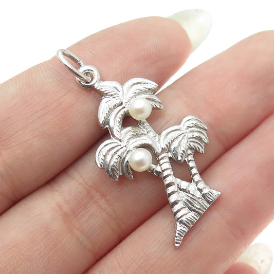 925 Sterling Silver Vintage Real Pearl Palm Tree Charm Pendant