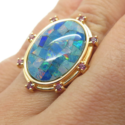 925 Sterling Silver Gold Plated Real Opal Inlay & Amethyst Ring Size 5.75