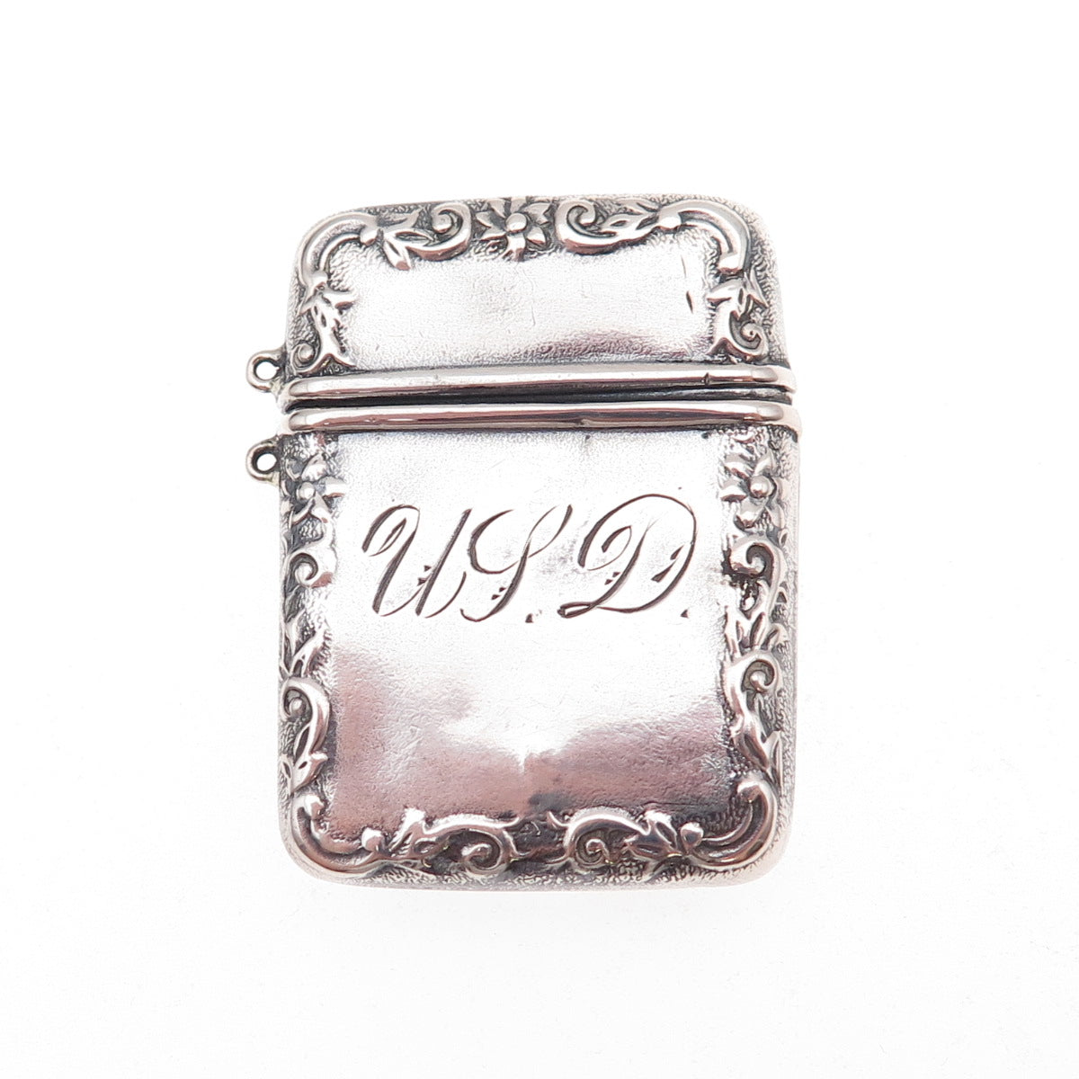 925 Sterling Silver Antique Art Deco Engraved Monogram Vesta Match Case