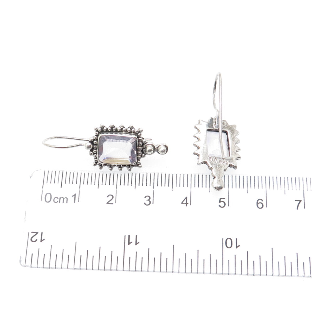 925 Sterling Silver Vintage Real Emerald-Cut Amethyst Granulated Dangle Earrings