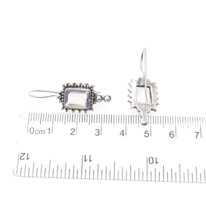 925 Sterling Silver Vintage Real Emerald-Cut Amethyst Granulated Dangle Earrings