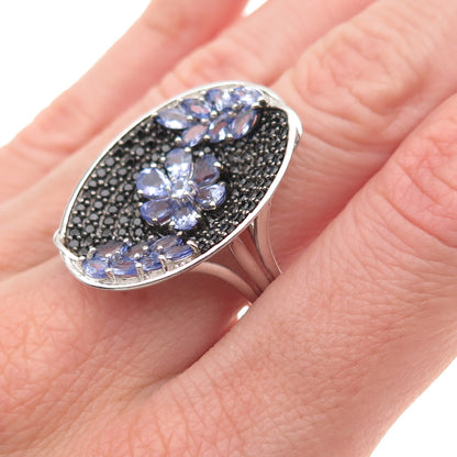 Chuck Clemency 925 Sterling Real Tanzanite & Black Spinel Floral Ring Size 8.25
