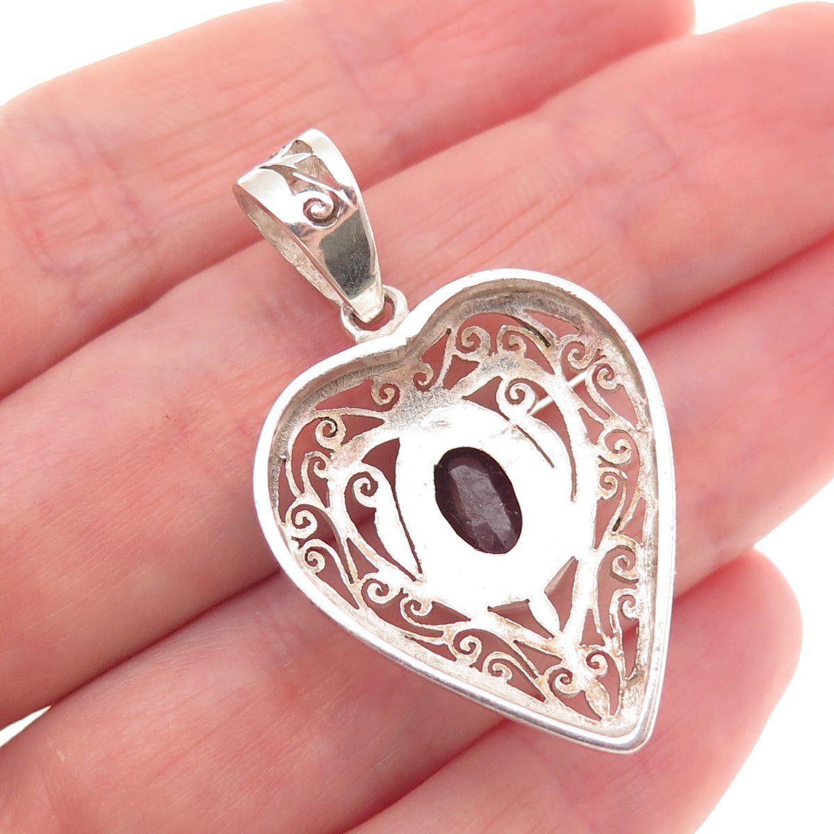 925 Sterling Silver Vintage Real Oval-Cut Ruby Ornate Heart Charm Pendant