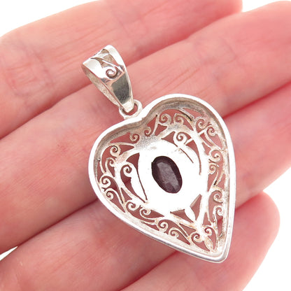 925 Sterling Silver Vintage Real Oval-Cut Ruby Ornate Heart Charm Pendant