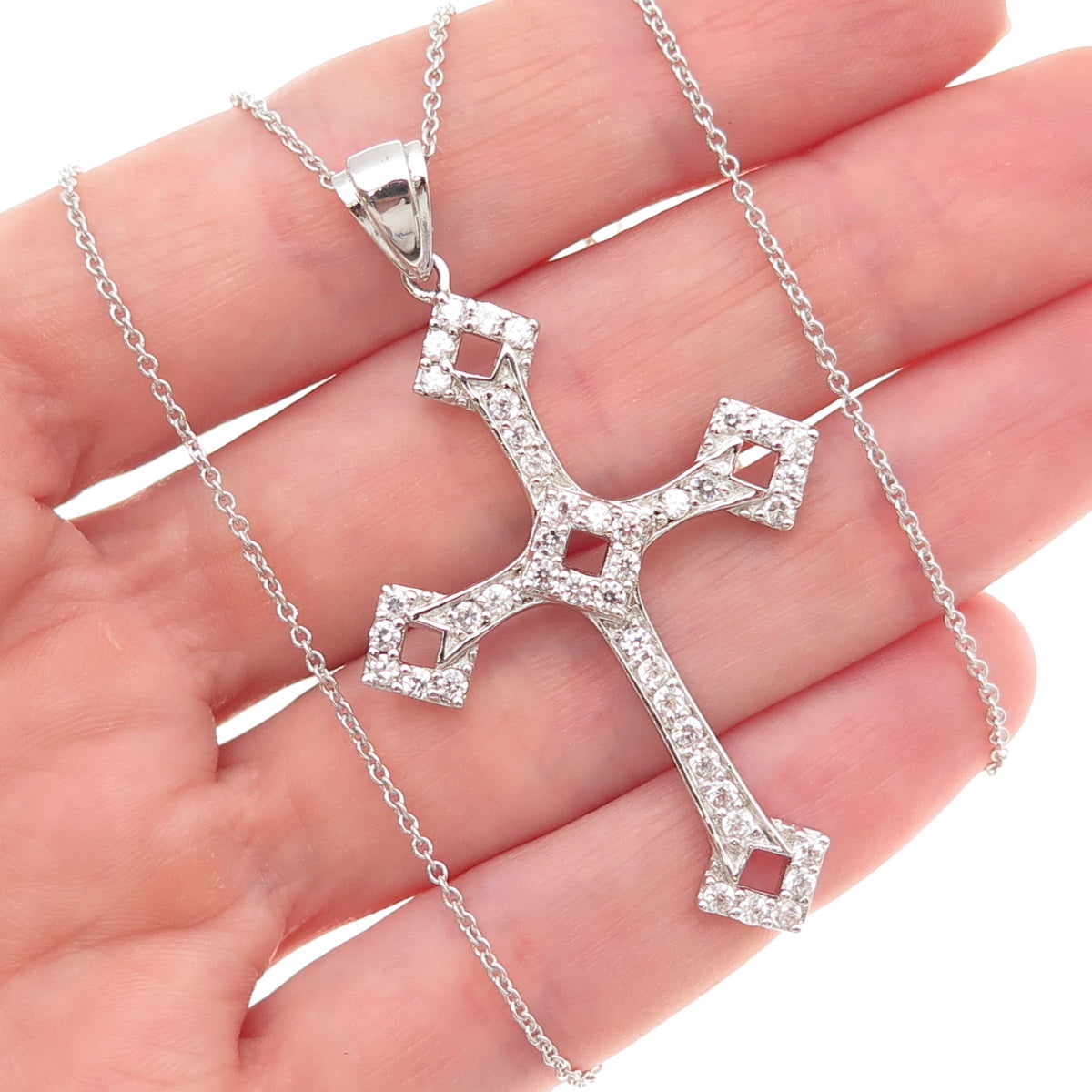 925 Sterling Silver Round-Cut C Z Cross Cable Chain Necklace 18"
