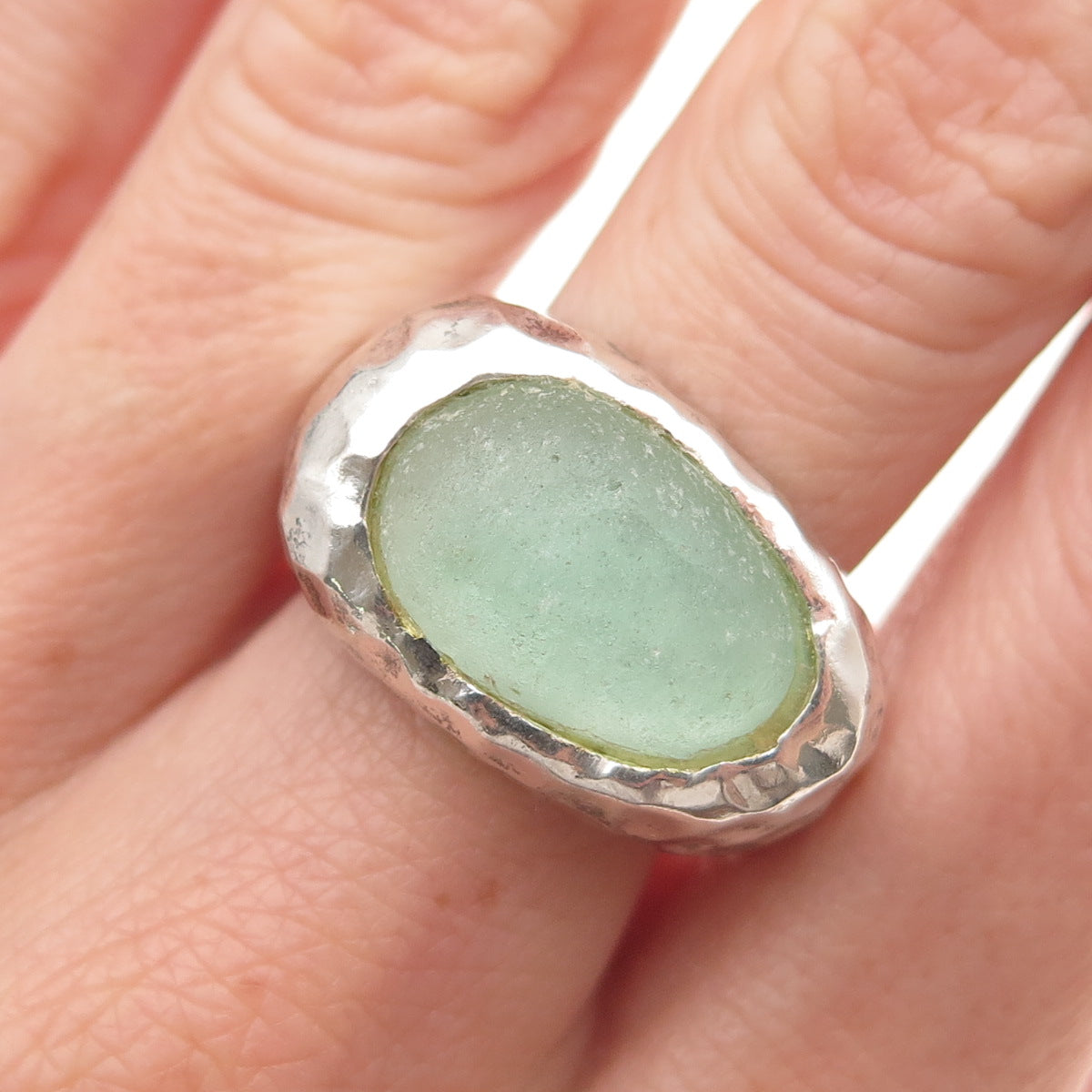 925 Sterling Silver Vintage Israel Roman Glass Modernist Hammered Ring Size 9