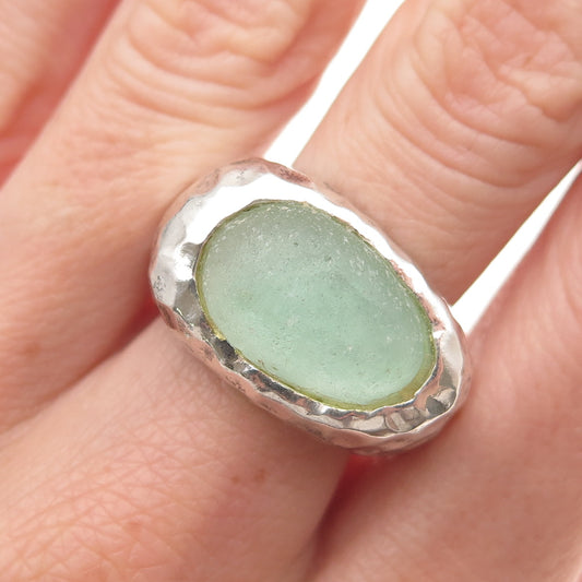 925 Sterling Silver Vintage Israel Roman Glass Modernist Hammered Ring Size 9