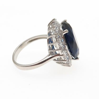 925 Sterling Silver Oval-Cut Blue Tapered Baguette-Cut White C Z Ring Size 7.25