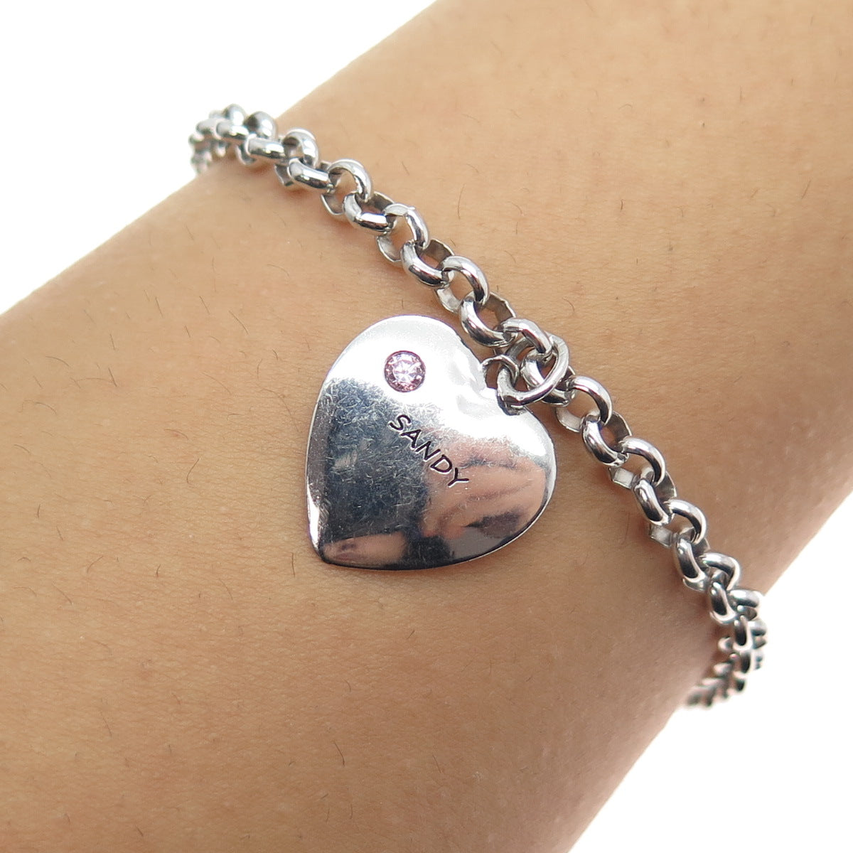 925 Sterling Silver Pink C Z Birthstone Sandy Heart Cable Link Bracelet 7.25"