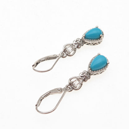 Chuck Clemency 925 Sterling Silver Real Turquoise & White Topaz Dangle Earrings