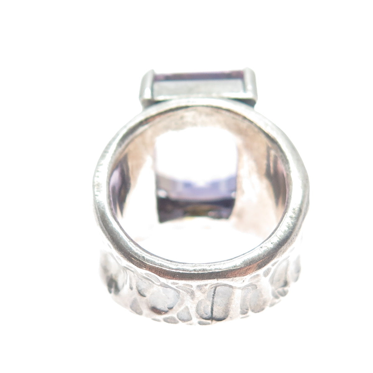 925 Sterling Silver Vintage Real Emerald-Cut Amethyst Hammered Ring Size 7.5