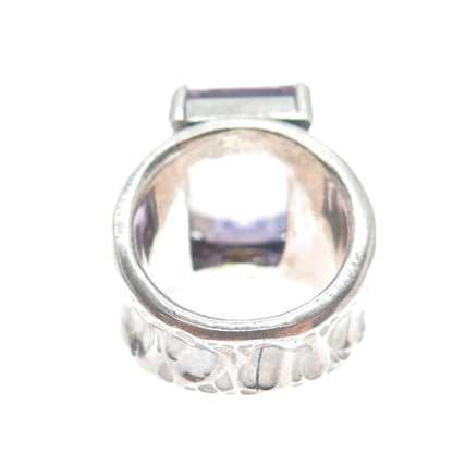925 Sterling Silver Vintage Real Emerald-Cut Amethyst Hammered Ring Size 7.5