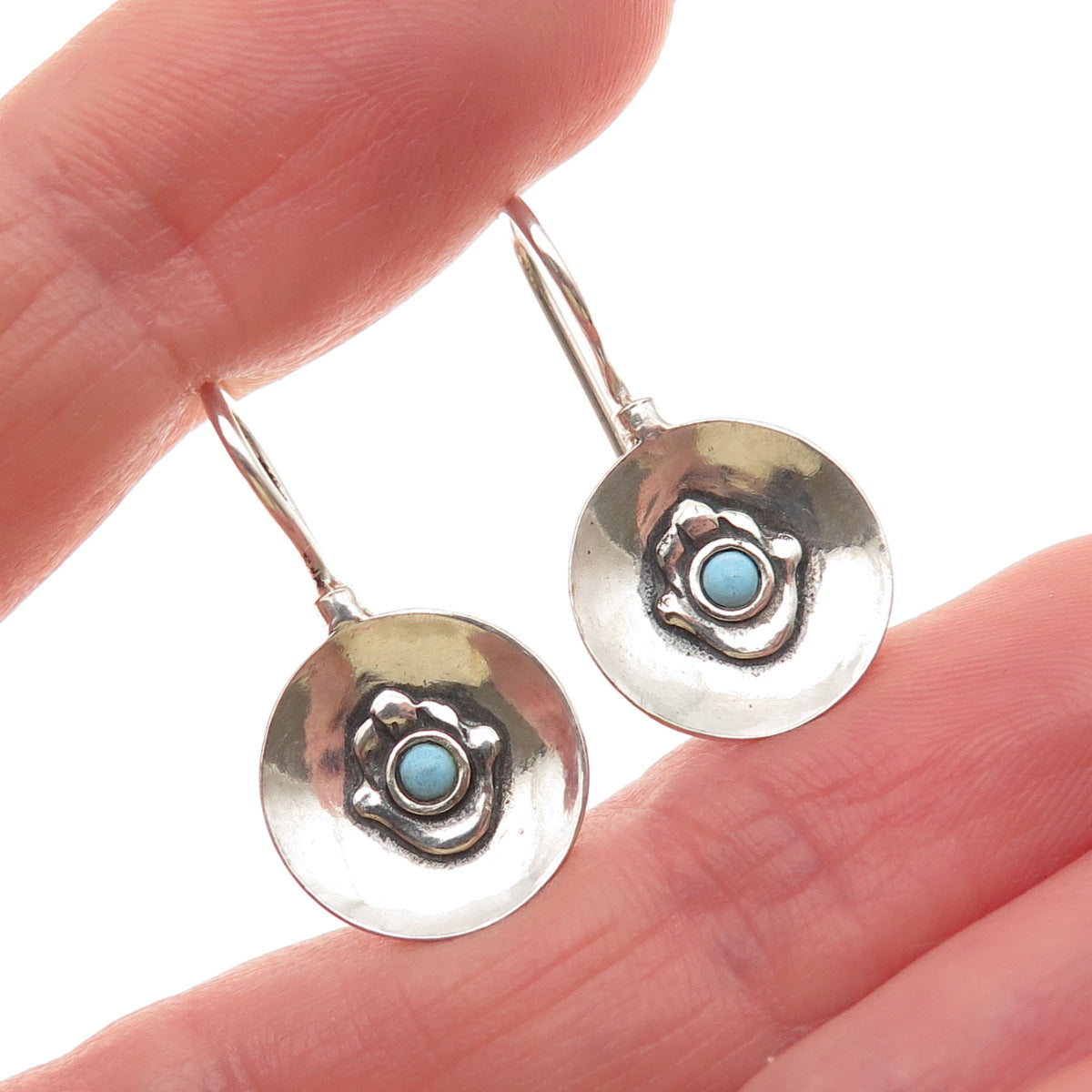 Neta 925 Sterling Silver Vintage Real Turquoise Hamsa Amulet Oxidized Earrings