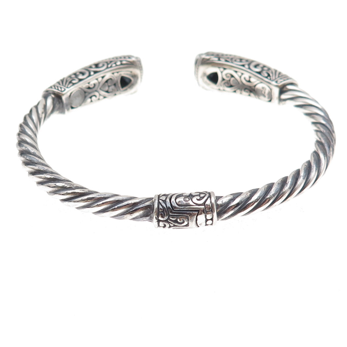 925 Sterling Silver Vintage Real Blue Topaz Floral Scroll Bracelet 6.75"