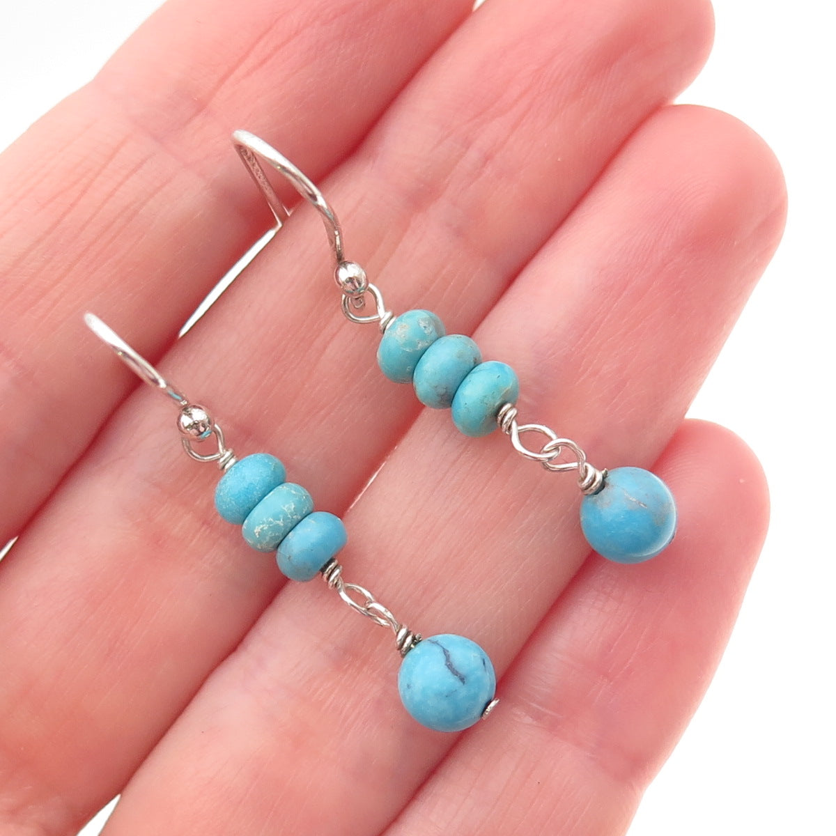 SX Sally C 925 Sterling Silver Vintage Real Turquoise Beaded Dangle Earrings