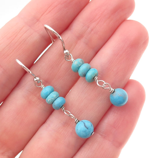 SX Sally C 925 Sterling Silver Vintage Real Turquoise Beaded Dangle Earrings
