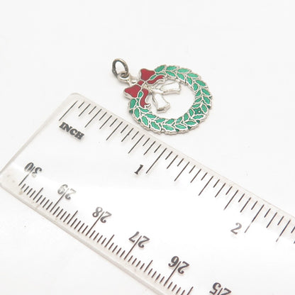 925 Sterling Silver Vintage Enamel Christmas Wreath Pendant