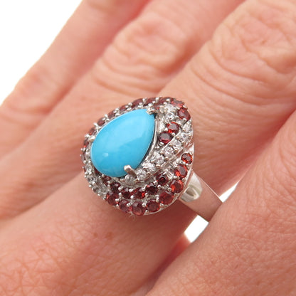 Chuck Clemency Sterling Silver Real Turquoise Garnet White Topaz Ring Size 8.25