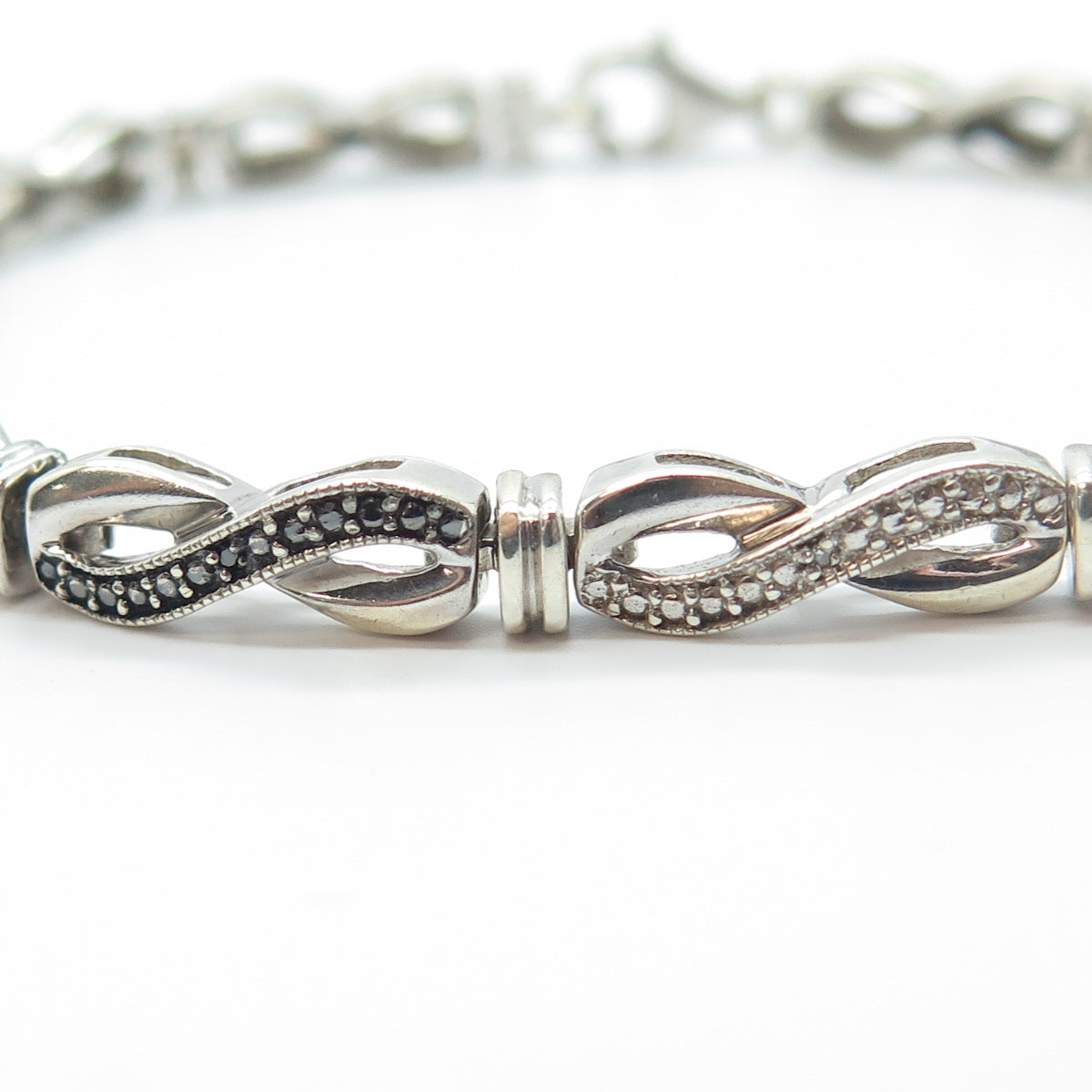 925 Sterling Silver Real Black & White Diamond Infinity Link Bracelet 7.25"