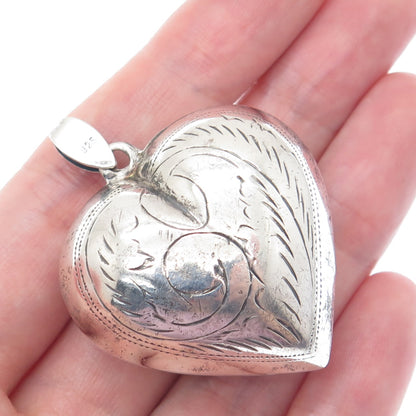 925 Sterling Silver Vintage Engraved Puffy Heart Pendant