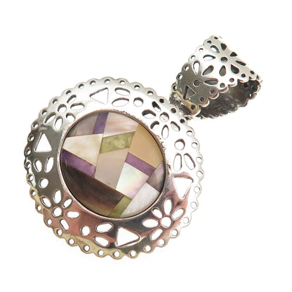Carolyn Pollack 925 Sterling Vintage Real Turquoise Sugilite MOP Mosaic Pendant