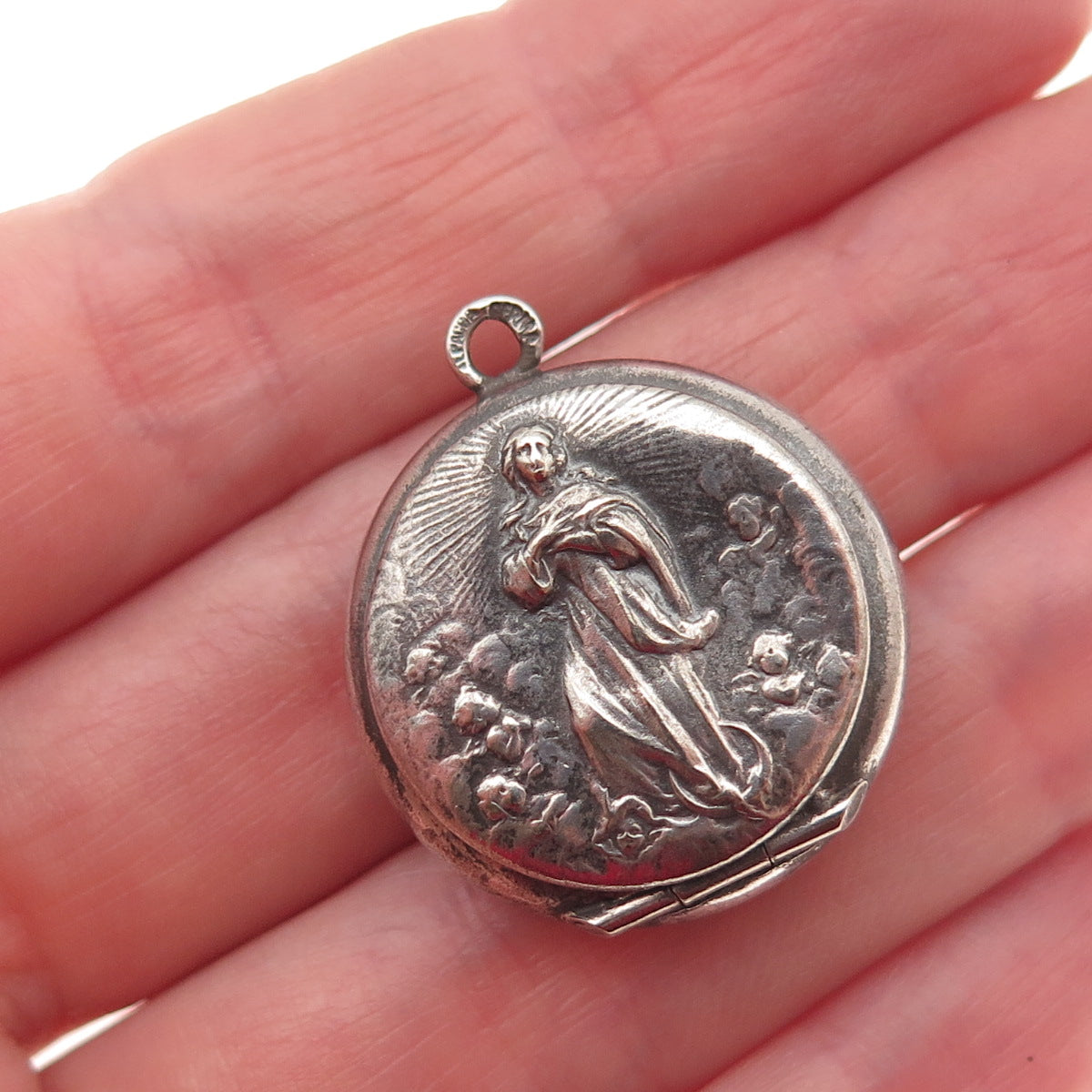 Silver-Tone Antique Victorian St. Mary Religious Oxidized Locket Charm Pendant