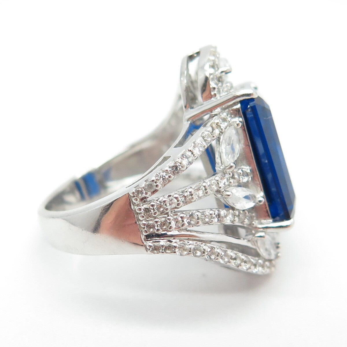 925 Sterling Silver Emerald-Cut Blue & White C Z Bypass Ring Size 7