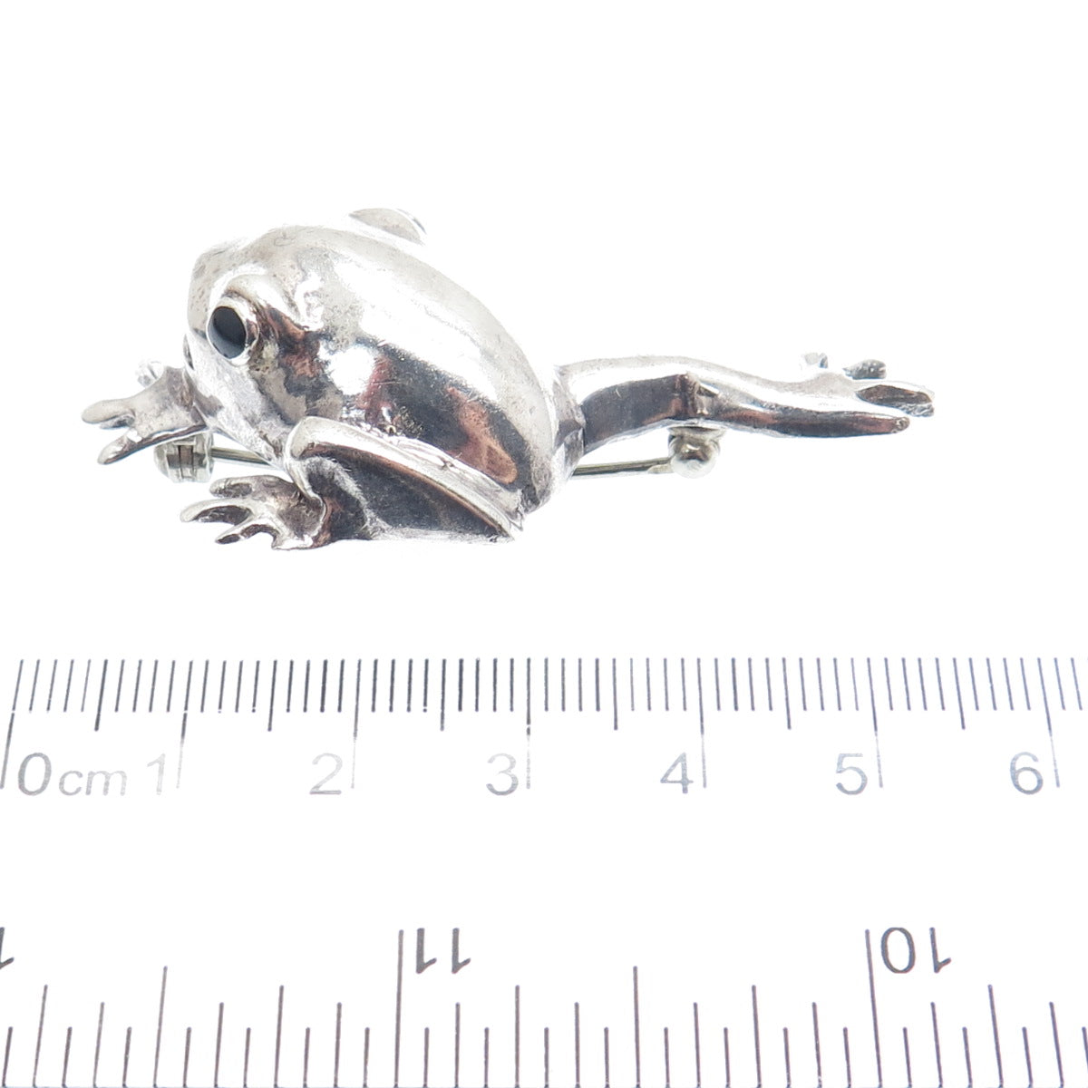 925 Sterling Silver Vintage Black Enamel Frog for Good Luck Oxidized Pin Brooch
